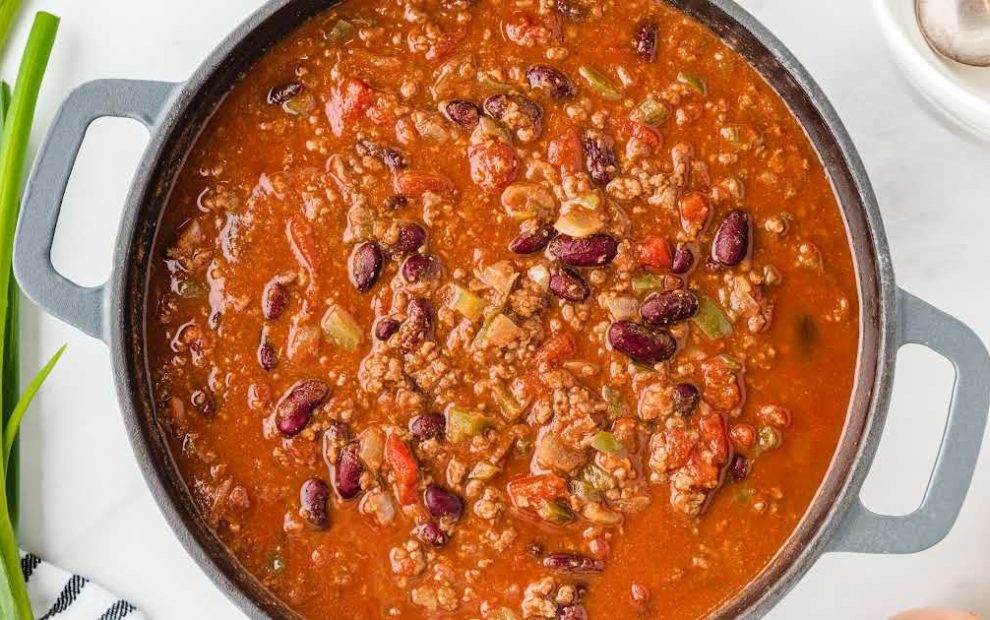 close up overhead shot of Chili Recipe in a pot