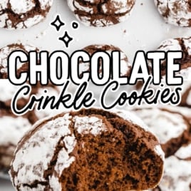 Two-image collage of chocolate crinkle cookies with powdered sugar and text overlay “Sweet & Chewy Treat! Chocolate Crinkle Cookies.”