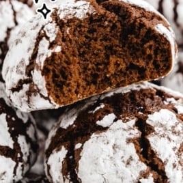 Chocolate crinkle cookie with a bite taken out, with text overlay reading “Made with ingredients probably already in your pantry!”