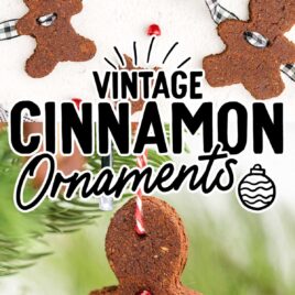 a c lose ups hot of Cinnamon Ornaments with ribbon going around them and a close up shot of Cinnamon Ornaments gingerbread man hanging from a Christmas tree