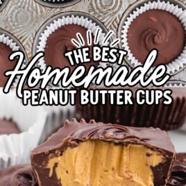 close up shot of Homemade Peanut Butter Cups with one having a bite taken our and a overhead shot of Homemade Peanut Butter Cups in a cupcake pan