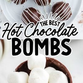 overhead shot of Hot Chocolate Bombs on a plate and close up shot of hot chocolate with marshmallows