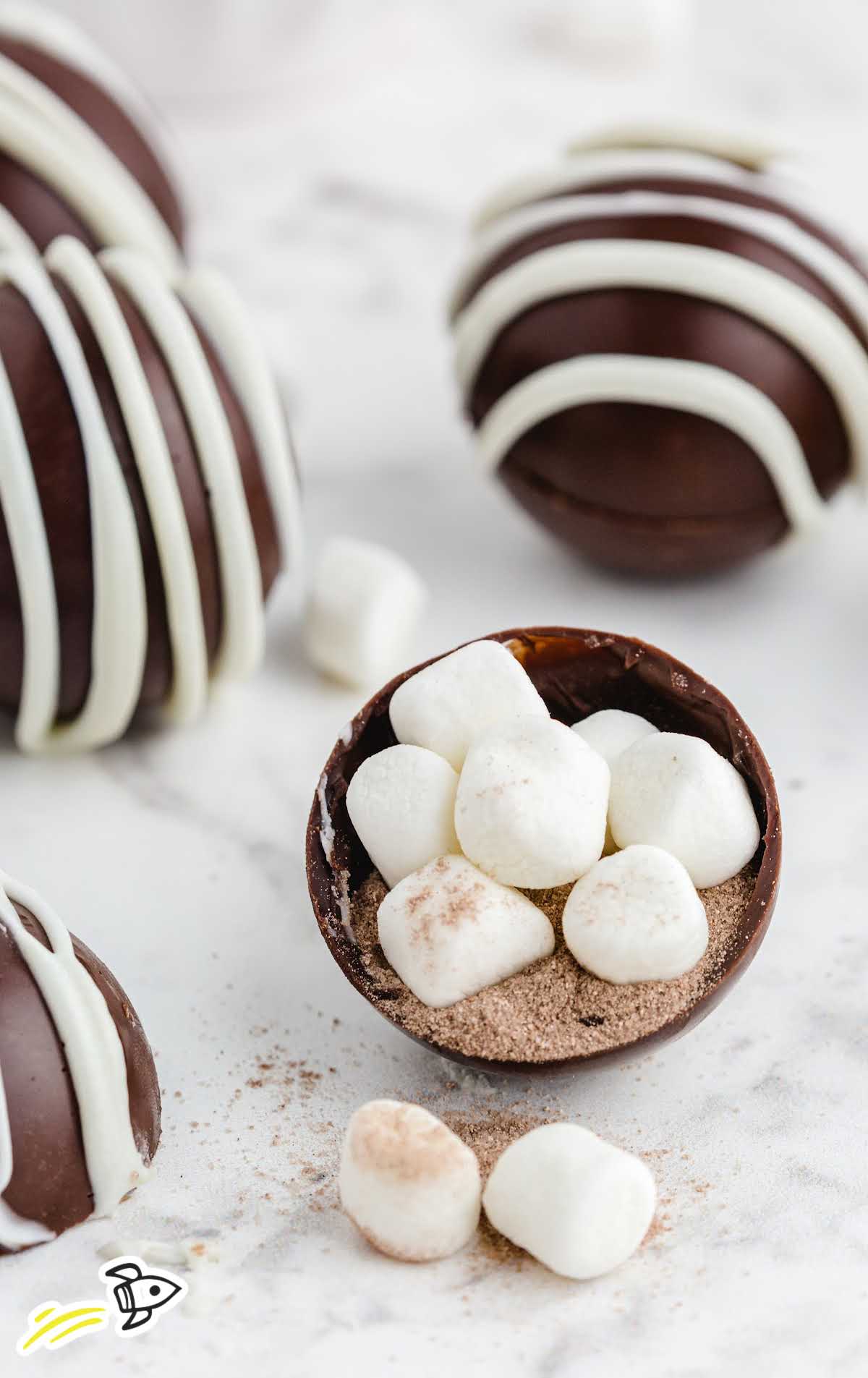 close up shot of Hot Chocolate Bombs with marshmallows
