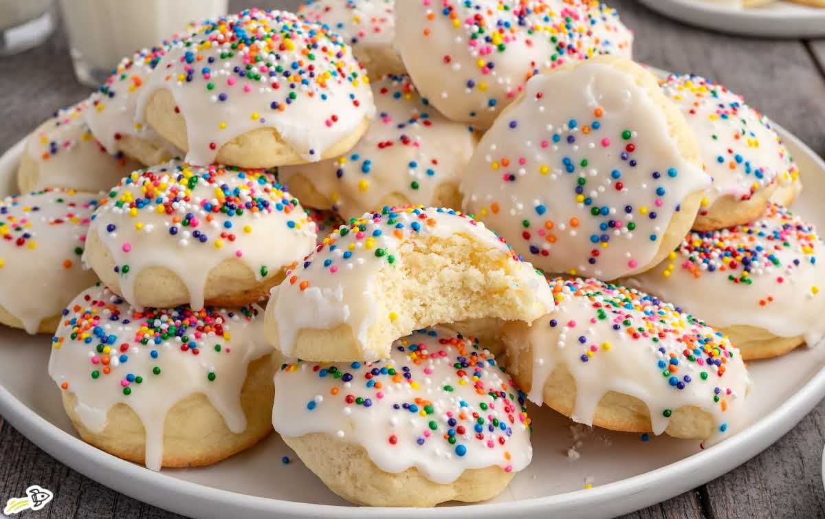 Close-up collage of Italian cookies showing soft interior and sprinkle topping