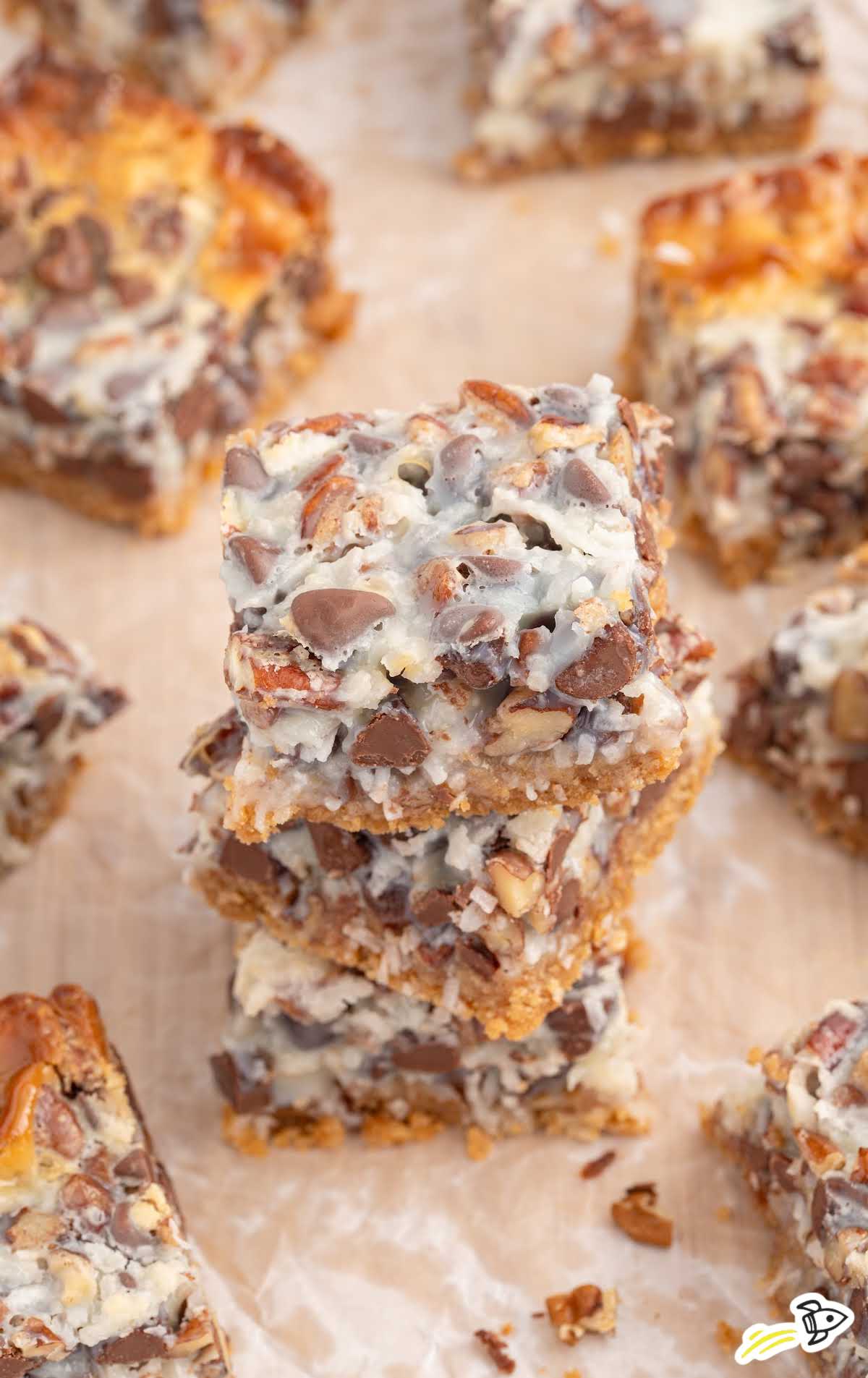 Magic Cookie Bars stacked on top of each other