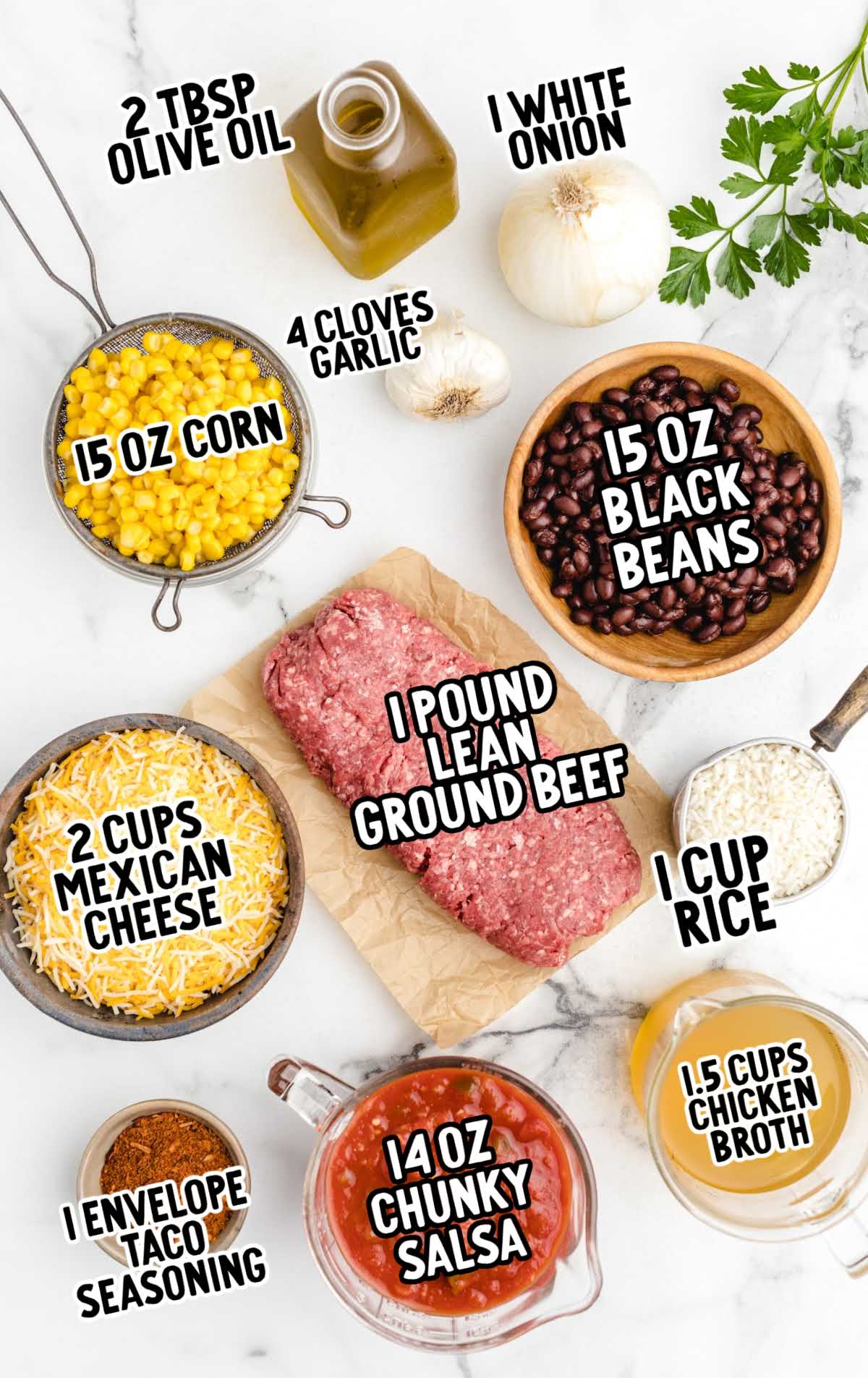 Mexican Beef and Rice Casserole raw ingredients that are labeled