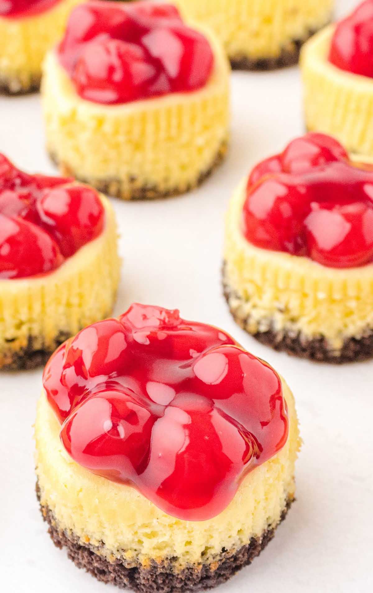 close up shot of mini cherry cheesecakes