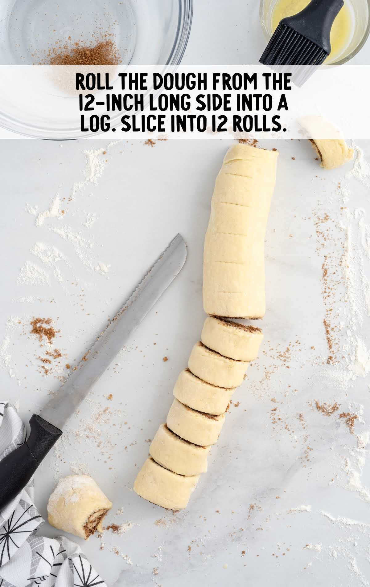 dough rolled into a log and sliced into 12 rolls