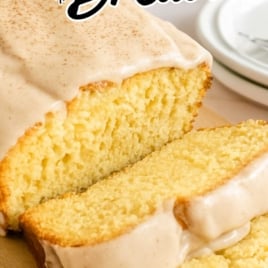 Eggnog bread loaf and slices with creamy holiday glaze, labeled as a vintage recipe.