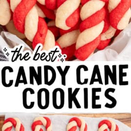 A tin and baking sheet filled with red and white twisted candy cane cookies. Text reads: The best Candy Cane Cookies Recipe. Vintage recipe!.