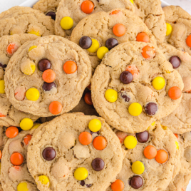 close up overhead shot of Reese's cookies piled on top of each other