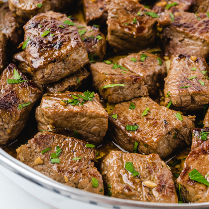 close up shot of steak bites in bowl