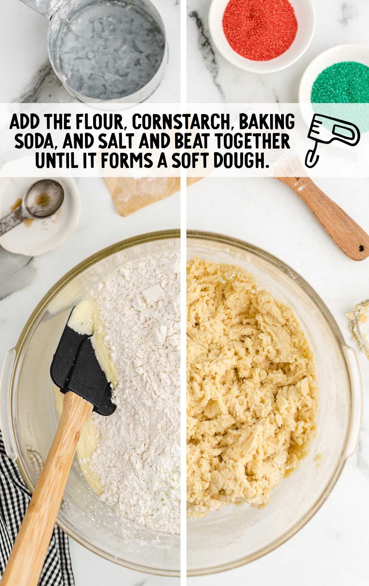 flour, cornstarch, baking soda, and salt folded together in a bowl