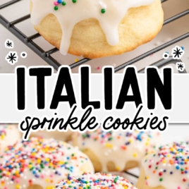 Italian sprinkle cookies on cooling rack with icing and bright rainbow nonpareils