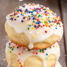 Stack of Italian cookies with white icing and colorful sprinkles shown as a step-by-step graphic