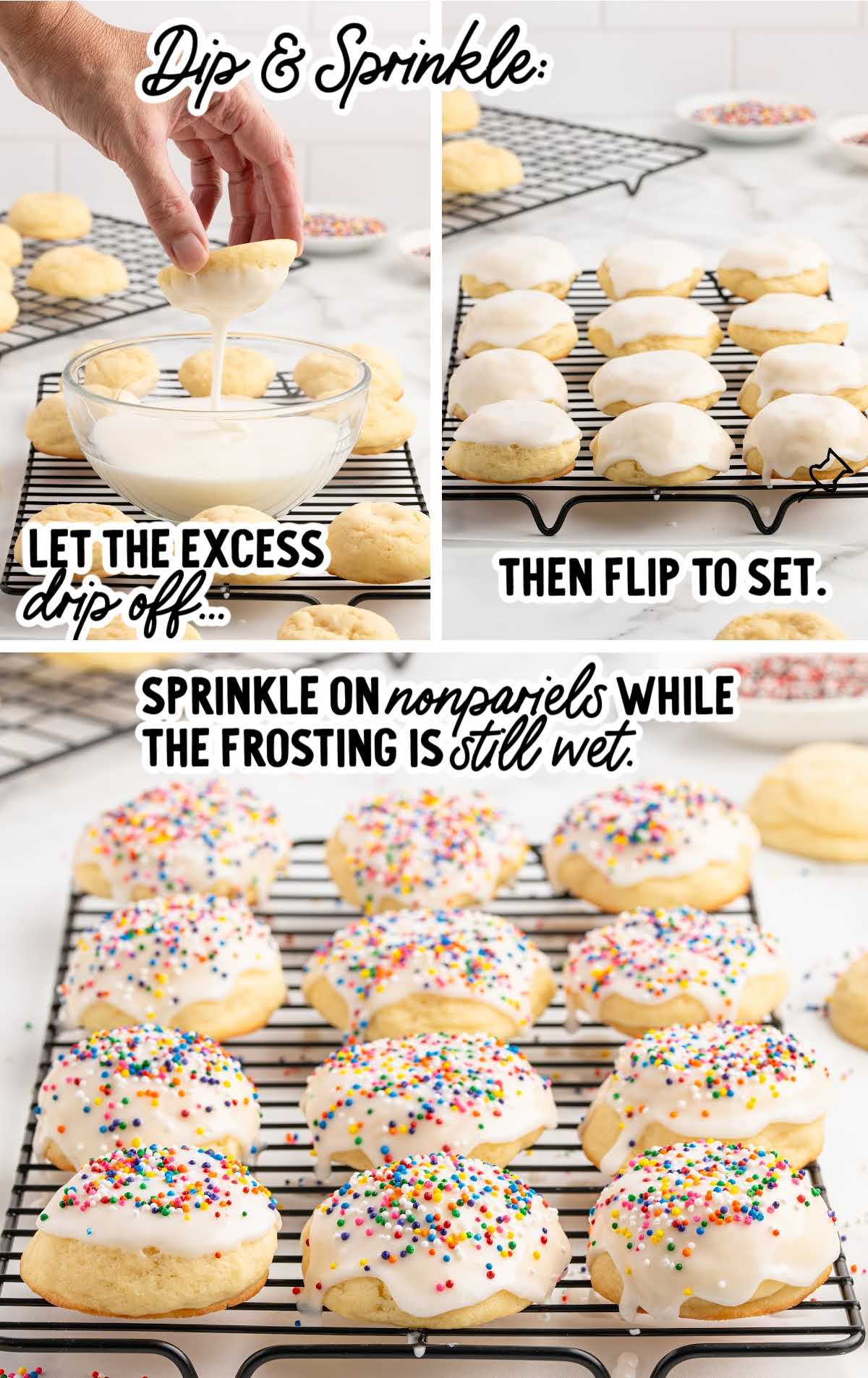 Step-by-step frosting process showing dipping cookies in glaze and adding sprinkles