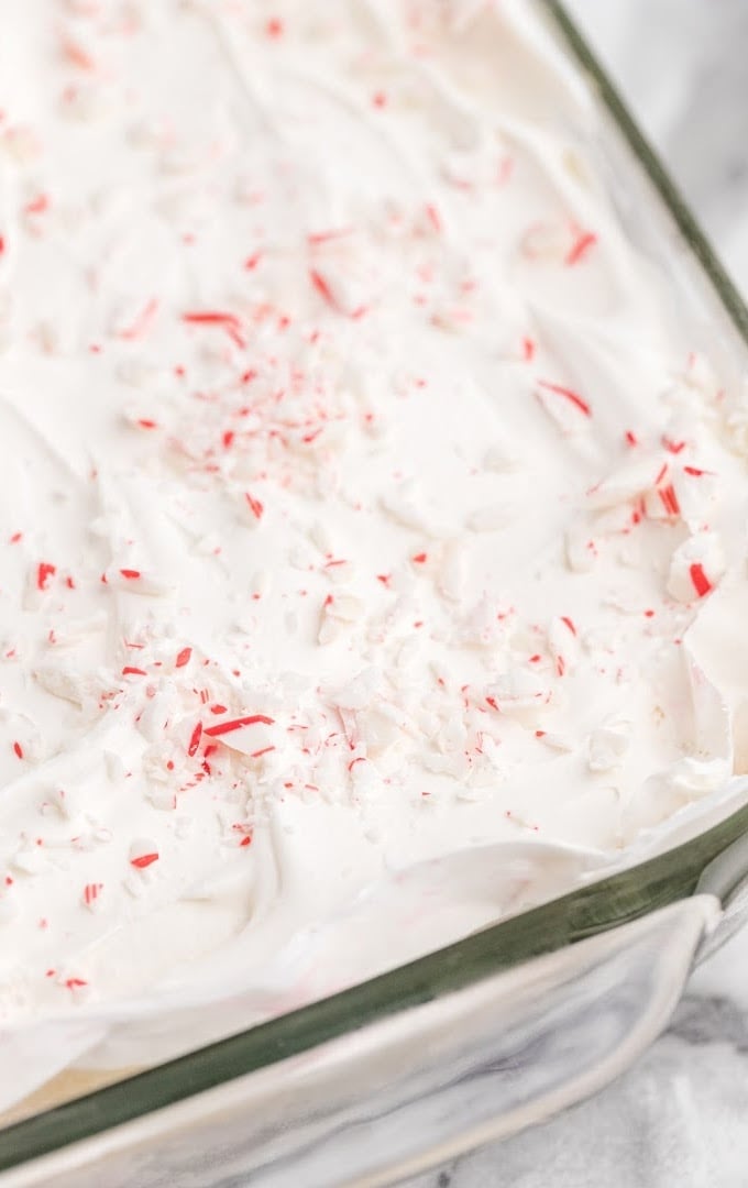 close up shot of candy cane dessert in a clear baking pan