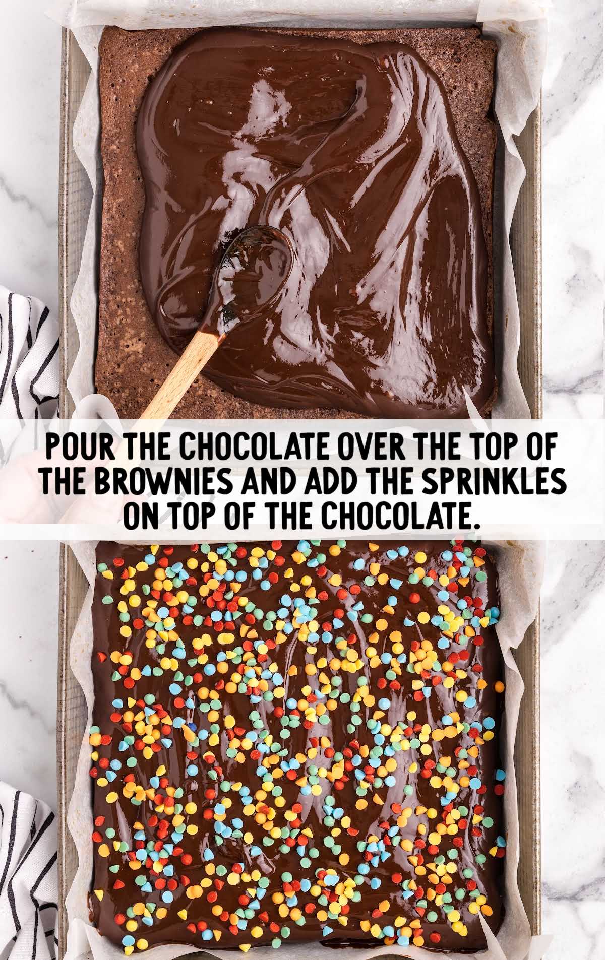 chocolate poured over the top of the brownies as well as the sprinkles in a pan