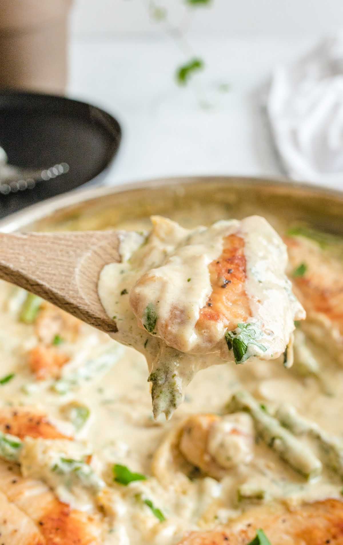 close up shot of creamy chicken and asparagus on a wooden spoon