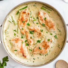 overhead of a pot of Creamy Chicken and Asparagus