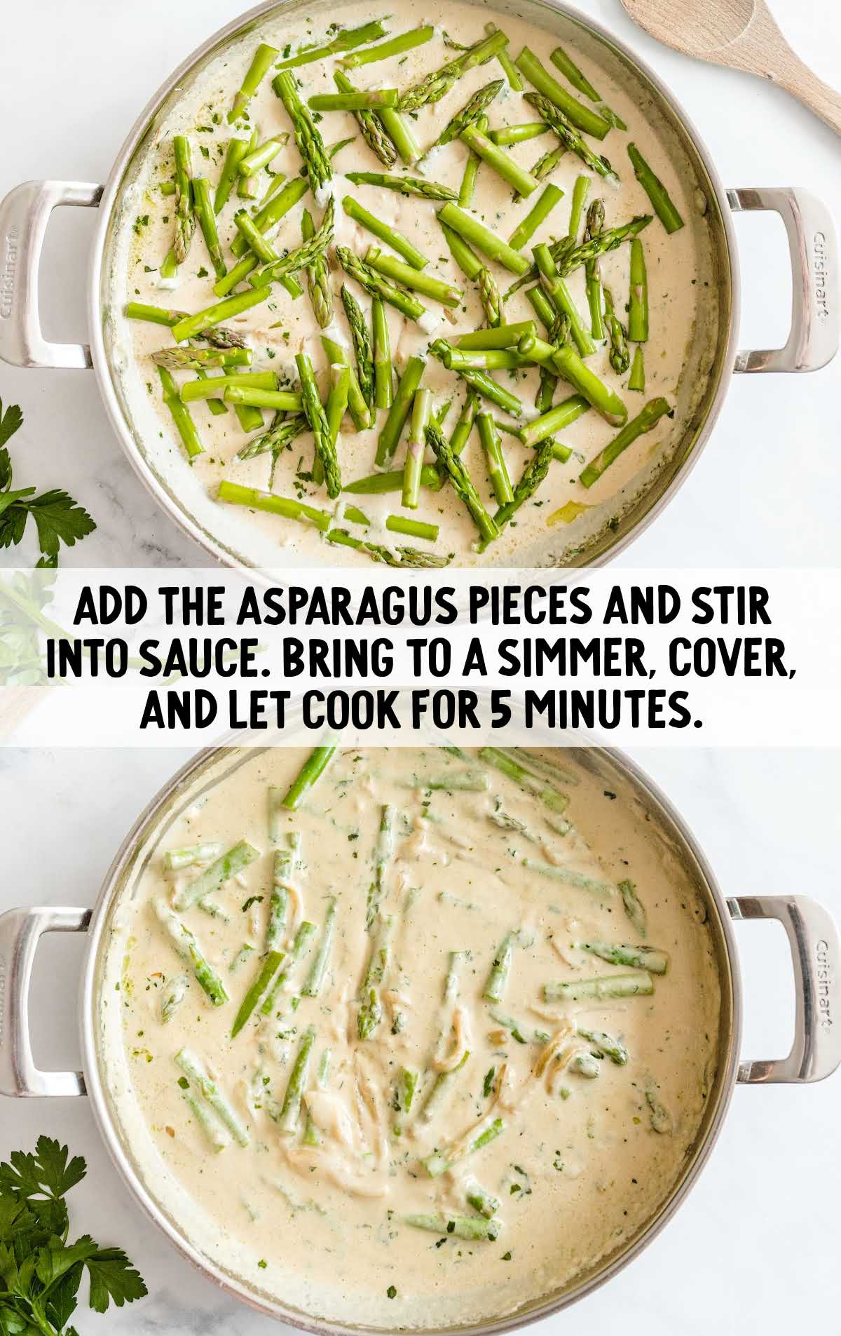 asparagus pieces added to the sauce in the skillet