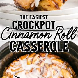 close up shot of a piece of Crockpot Cinnamon Roll Casserole drizzled with icing on a plate and close up overhead shot of Crockpot Cinnamon Roll Casserole in a crockpot topped with icing