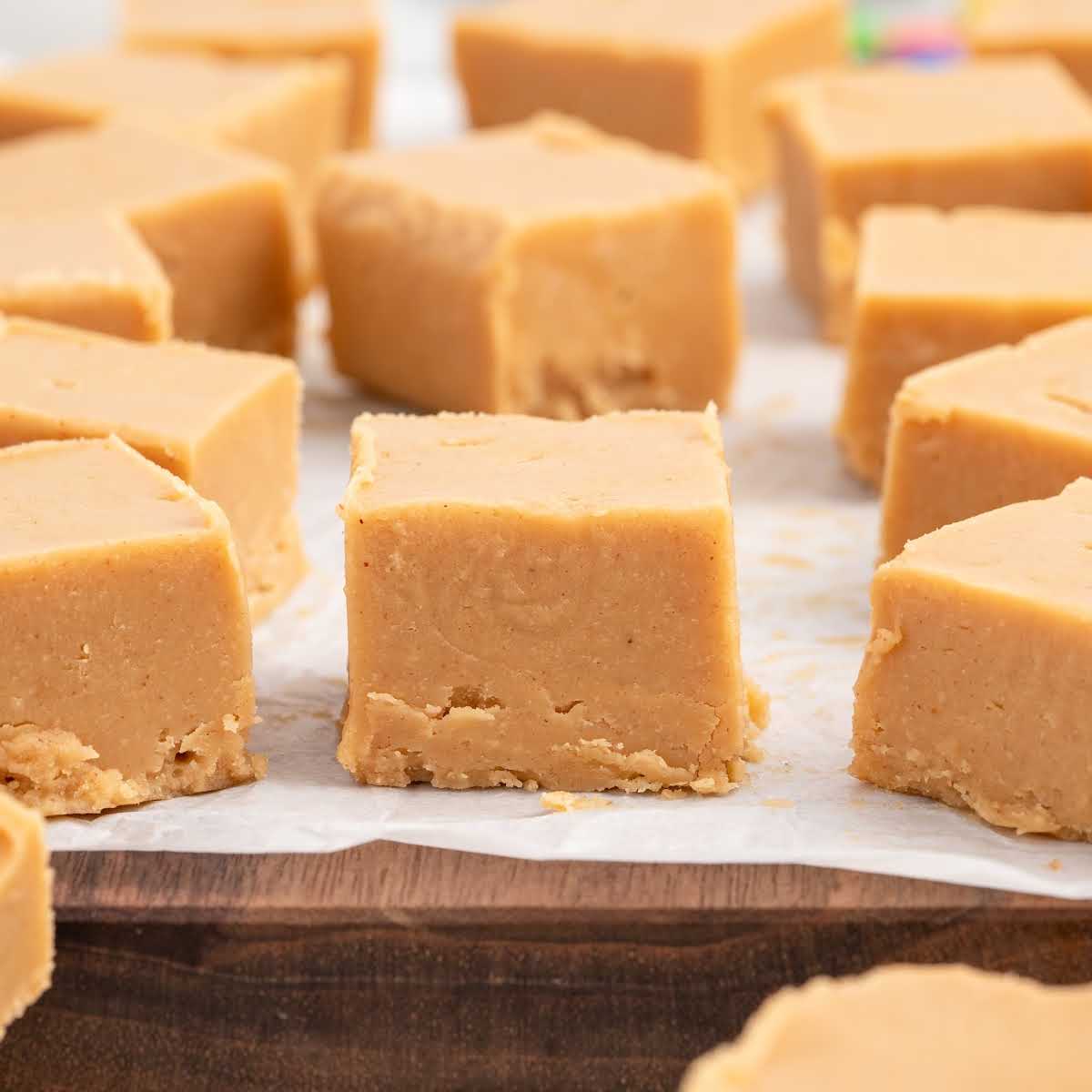 close up shot of Peanut Butter Fudge on a wooden board