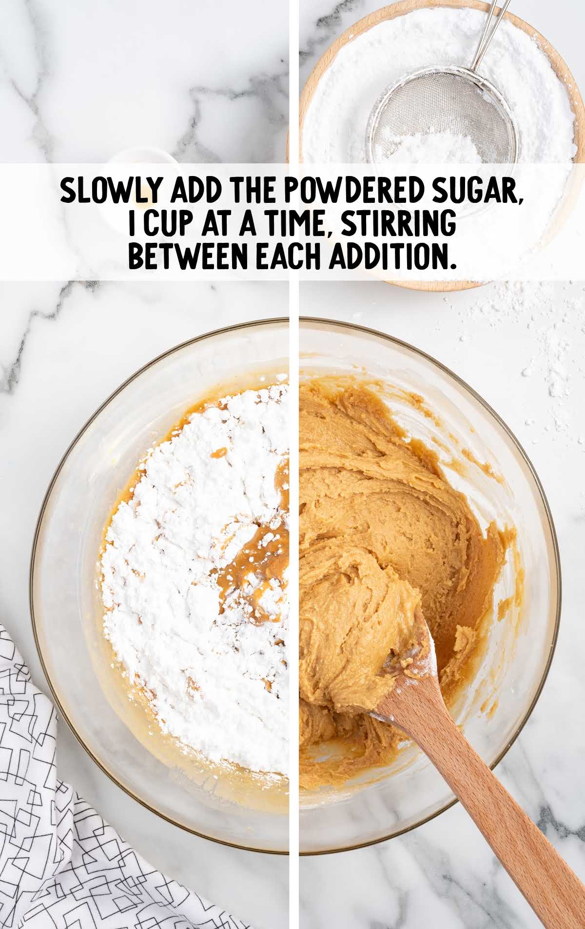 powdered sugar added to the peanut butter mixture in a bowl