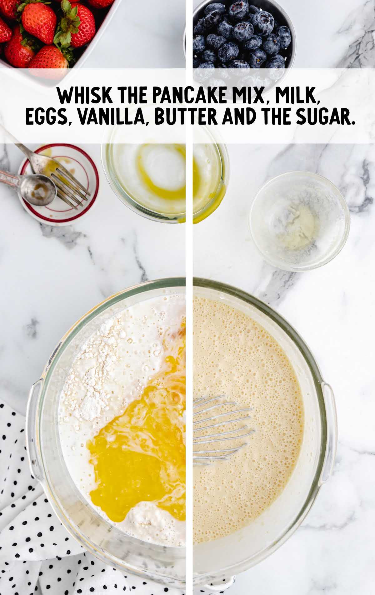 pancake mix, milk, eggs, vanilla, melted butter, and sugar whisked together in a bowl