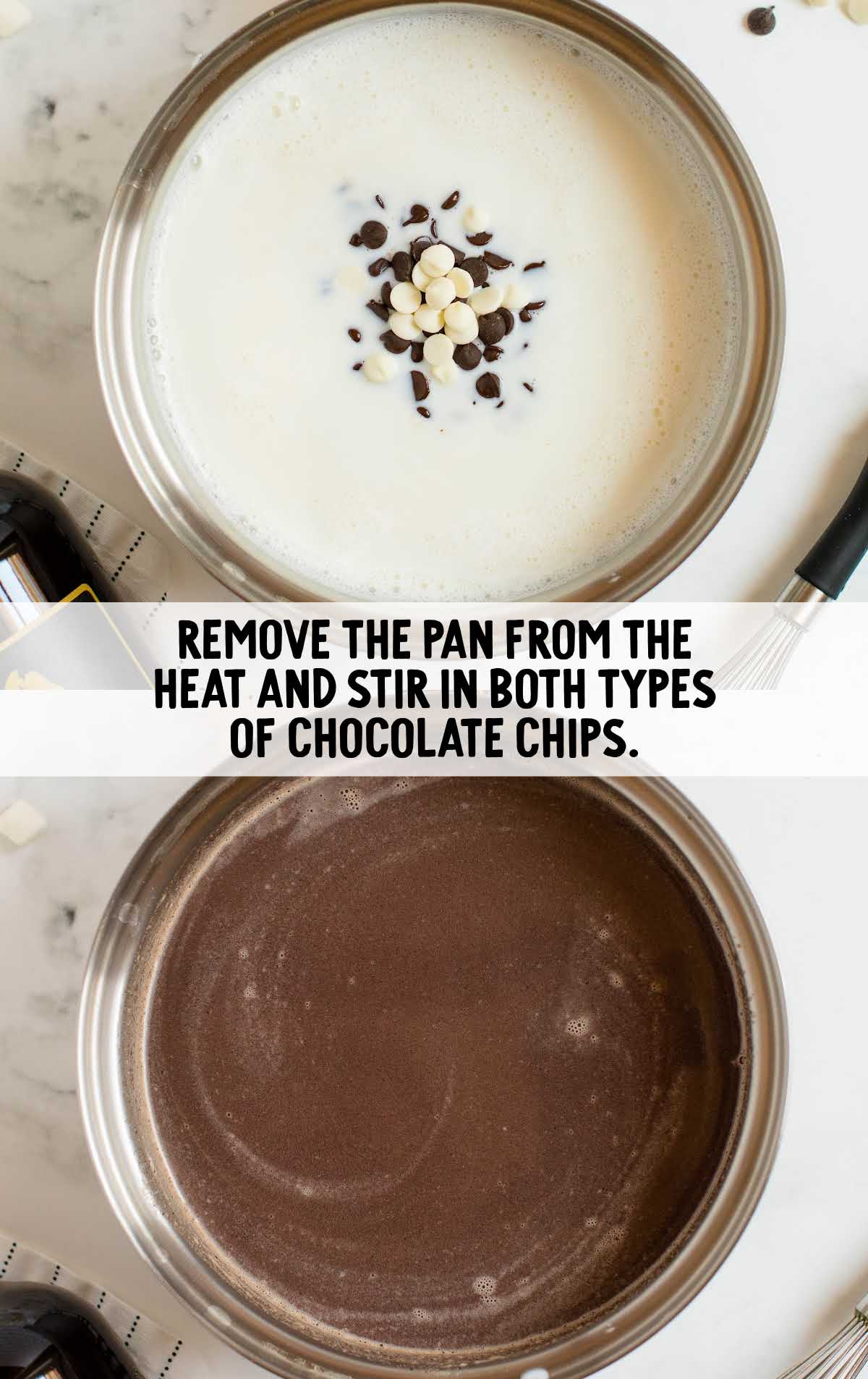 pan removed from the heat and chocolate chips stirred