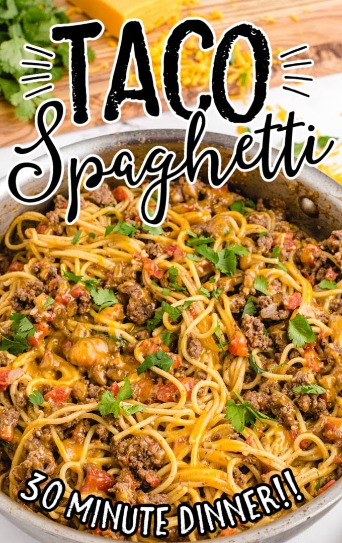 close up overhead shot of taco spaghetti in a pan