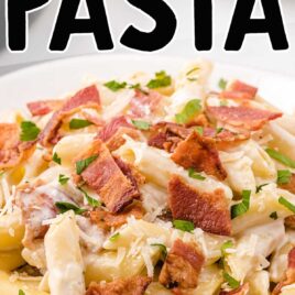 close up of bacon pasta on a plate