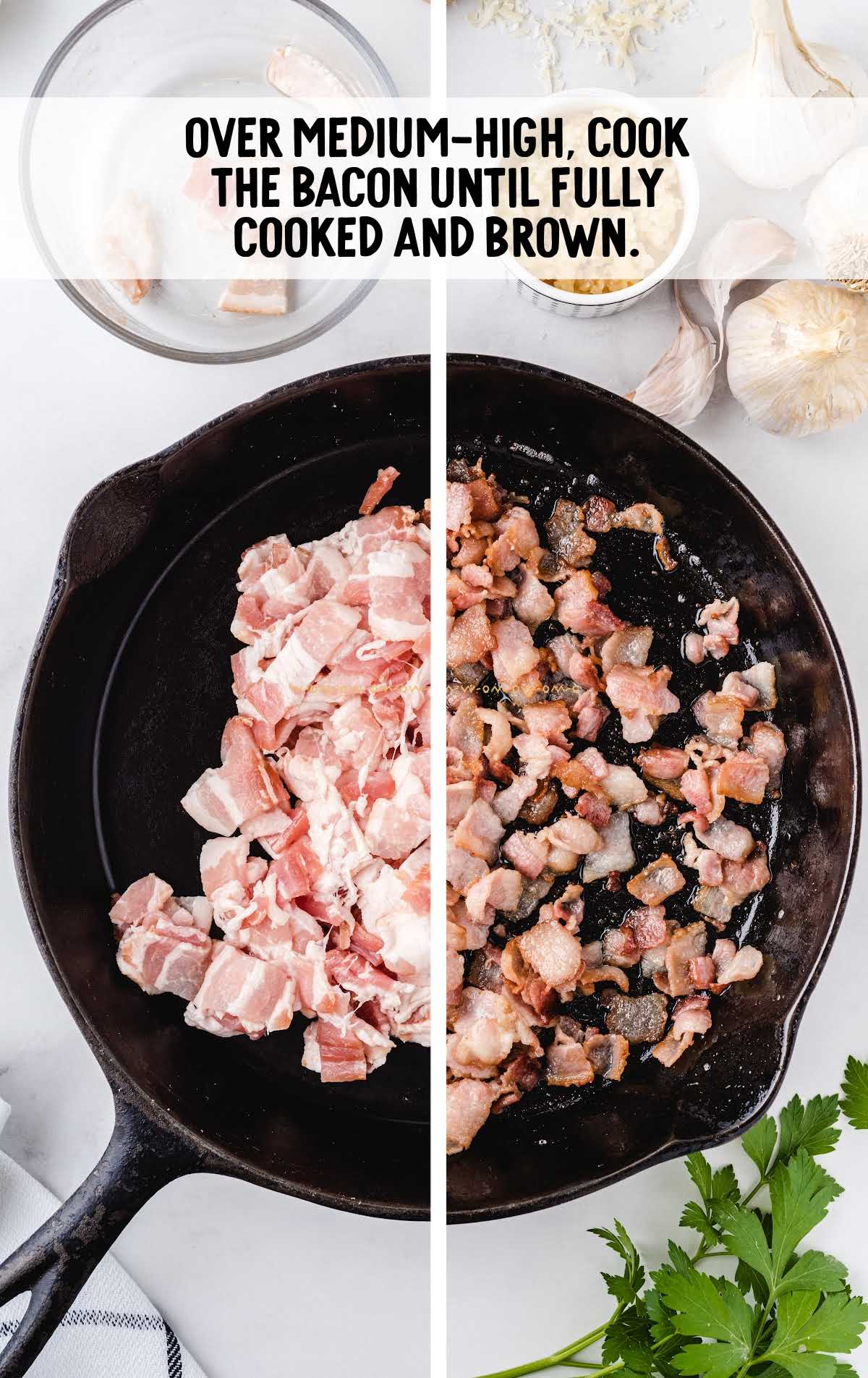 pieces of bacon being cooked in a skillet