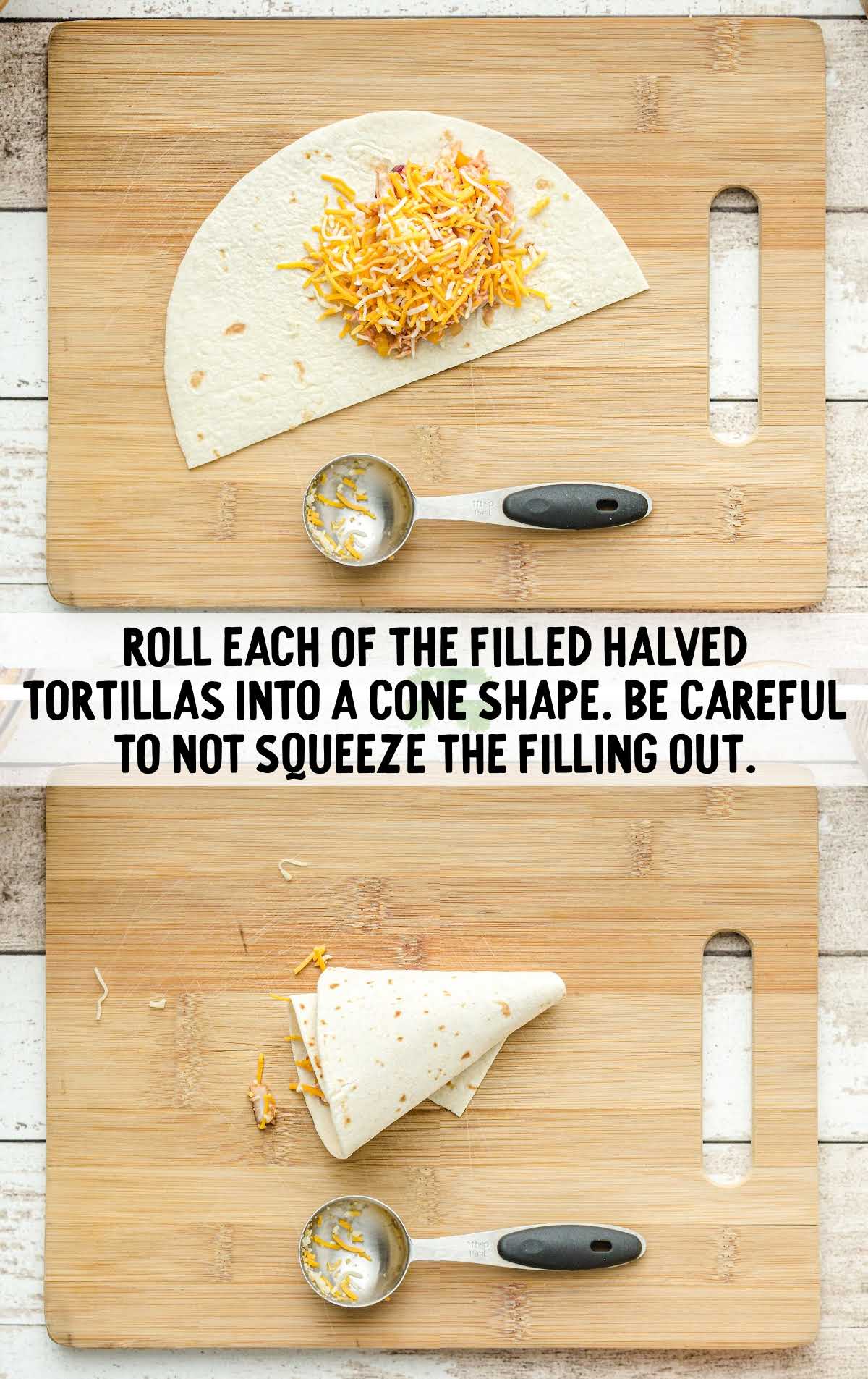 tortilla being filled and rolled into a cone shape