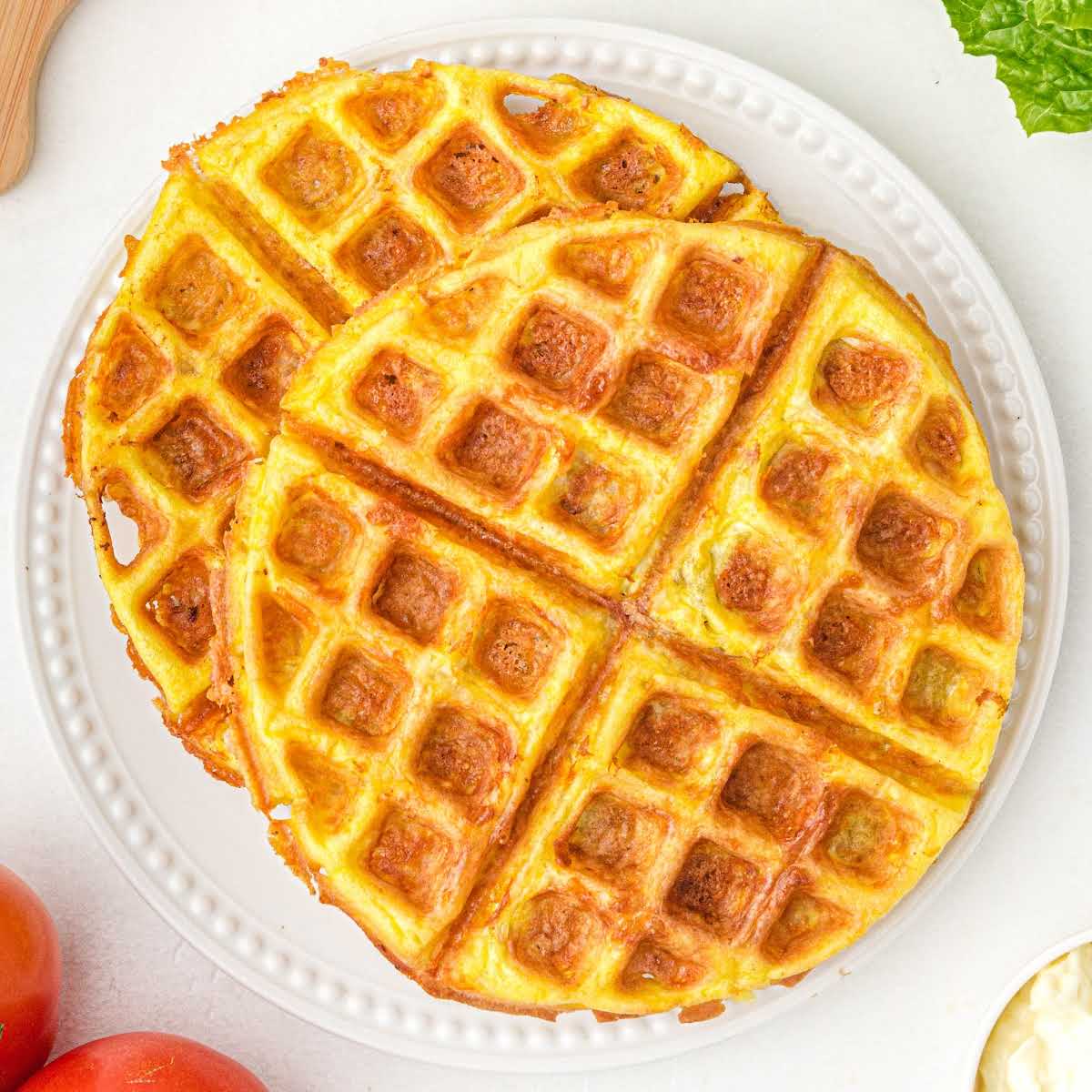 close up shot of chaffle on a white plate