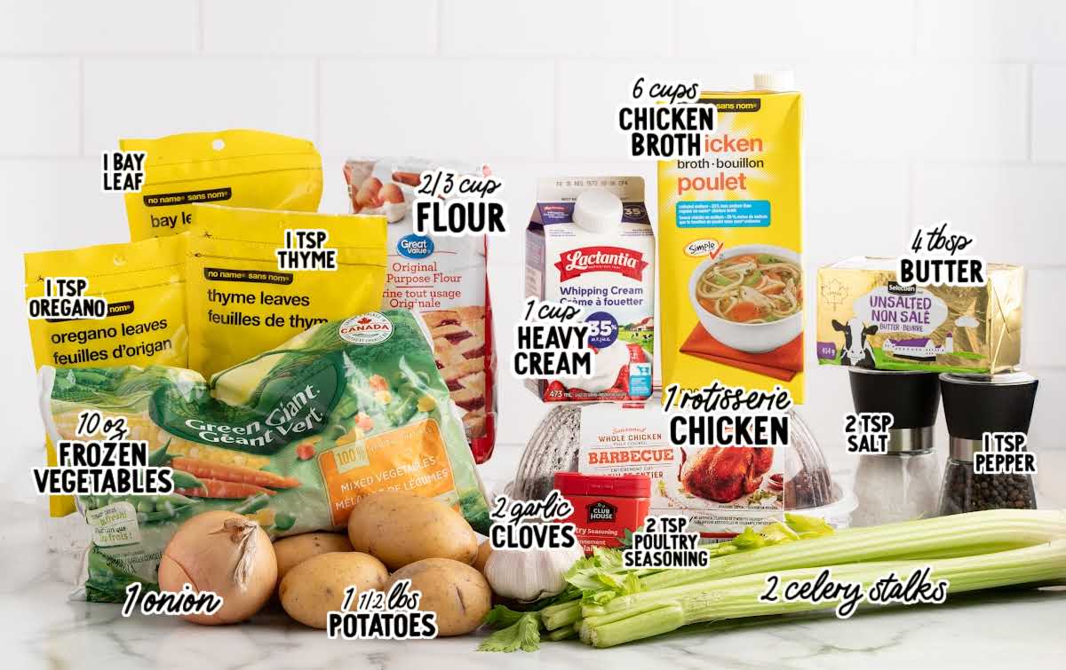Ingredients for chicken pot pie soup including rotisserie chicken, potatoes, broth, cream, and seasonings