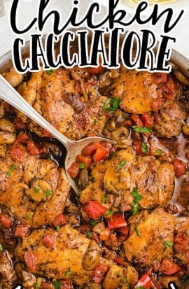 close up overhead shot of chicken cacciatore in a dish and being picked up with a spoon