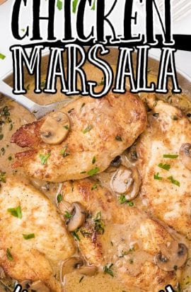 close up overhead shot of chicken marsala with sauce and mushrooms on top in a dish