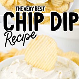 close up and overhead shot of chip dip in a dish surrounded by chips