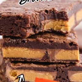 close up shot of a bunch of Chocolate Peanut Butter Brownies stacked on top of each other