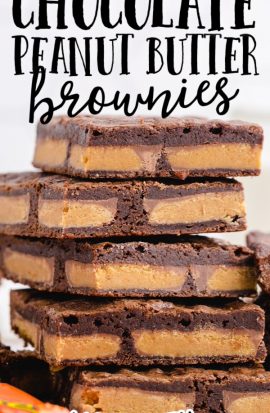 close up shot of chocolate peanut butter brownies stacked on top of each other