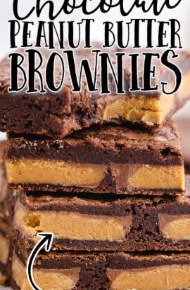 close up shot of chocolate peanut butter brownies stacked on top of each other