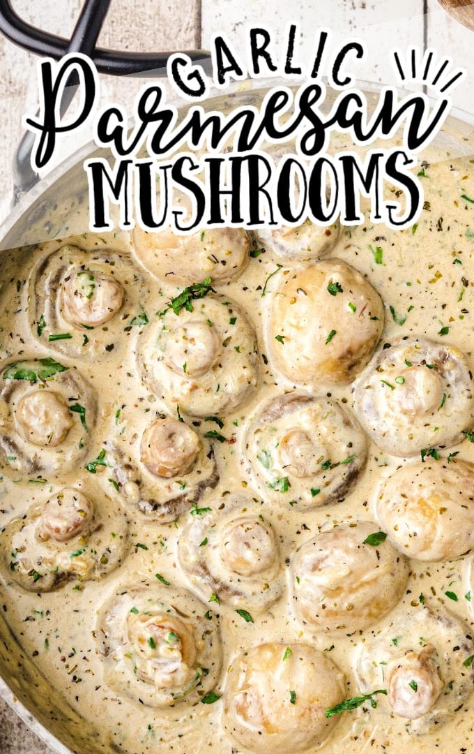 close up overhead shot of garlic parmesan mushrooms with sauce in a dish