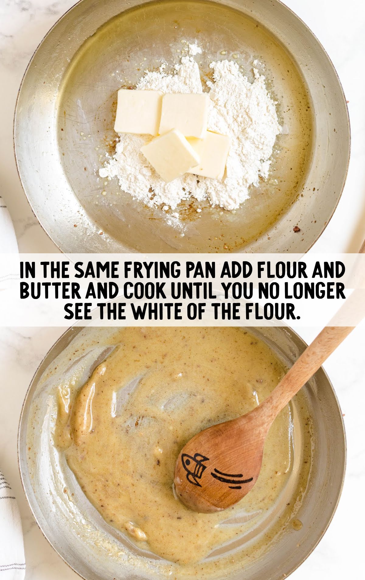 Butter and flour in a skillet making a roux, then whisked into a smooth golden paste with a wooden spoon.