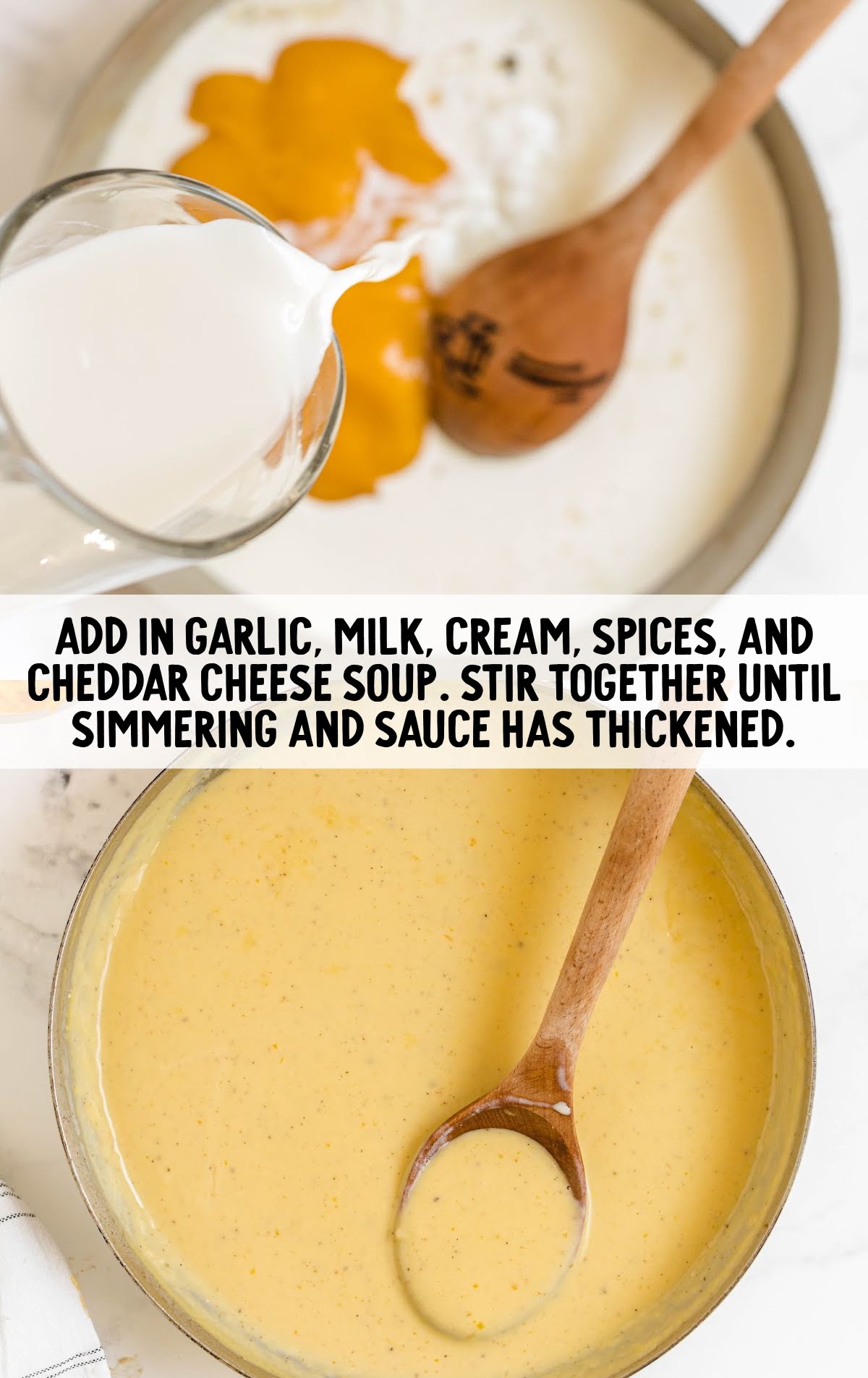 Milk, heavy cream, cheddar cheese soup, garlic, and spices being stirred into the roux to create a thick, creamy cheese sauce.
