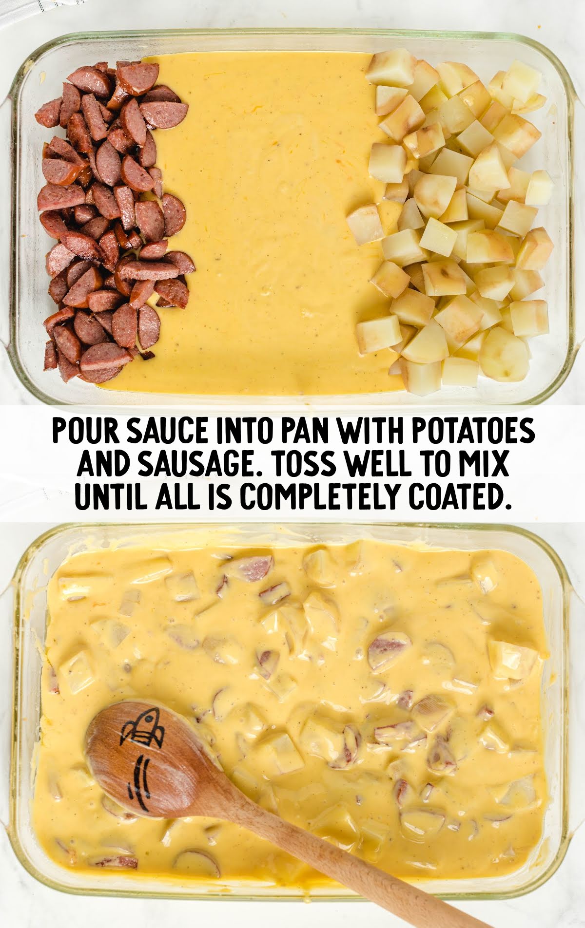 Golden cheese sauce poured over boiled potato cubes and browned kielbasa in a glass baking dish, then stirred to coat evenly.