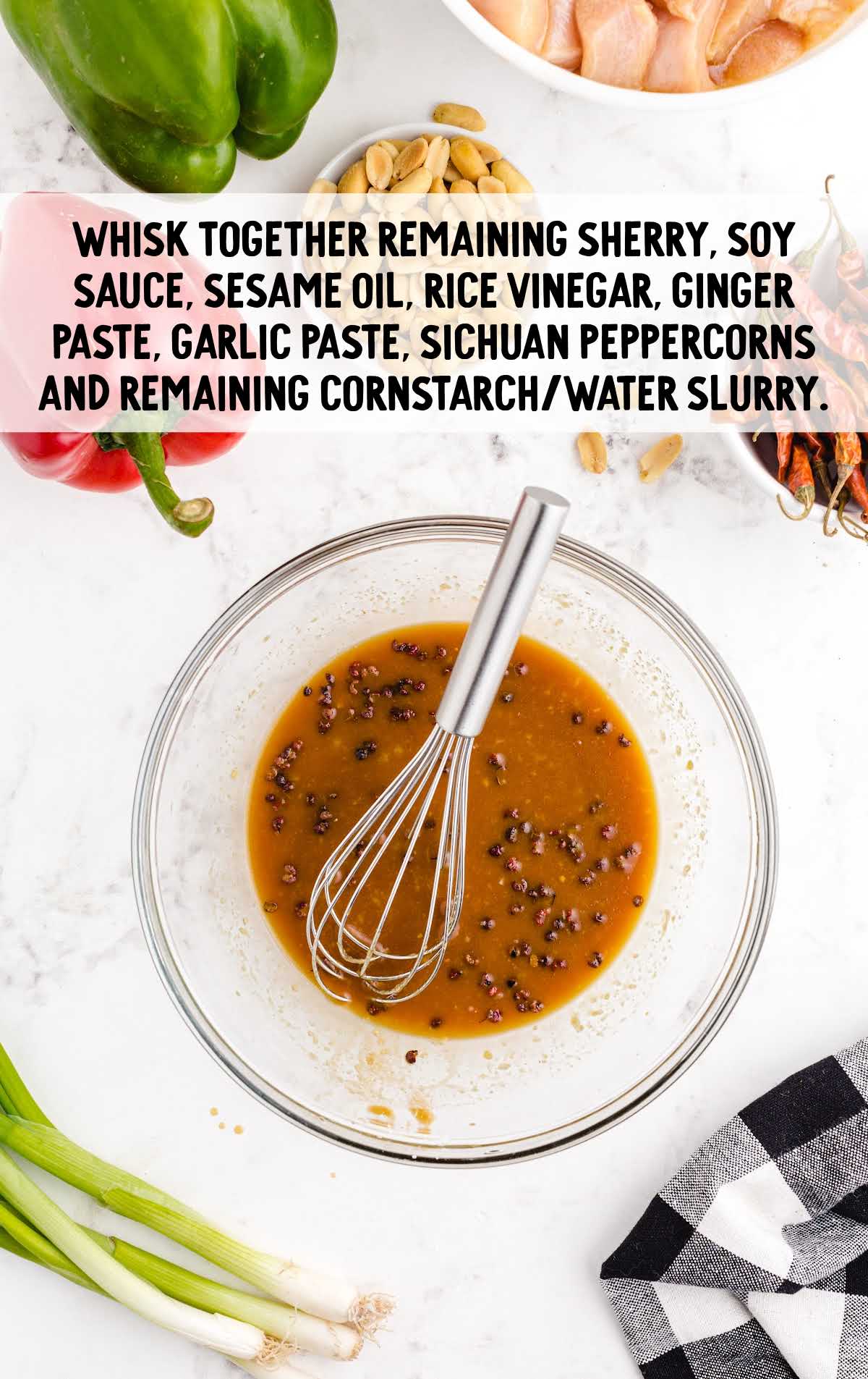 sherry, soy sauce, sesame oil, rice vinegar, ginger paste, garlic paste, sichuan peppercorns and cornstarch/water slurry whisked together in a bowl