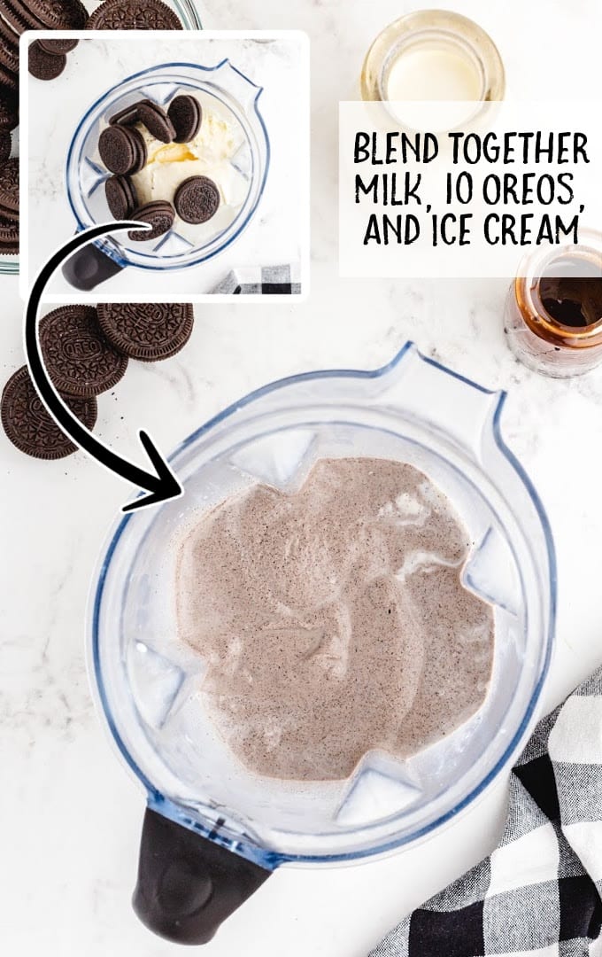 Oreo milkshake process shot of ingredients after being blended together