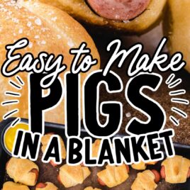 overhead shot of multiple Pigs in a Blanket on a baking dish with ketchup on the side and a close up shot of a Pigs in a Blanket