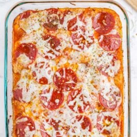 overhead shot of a baking dish full of pizza casserole